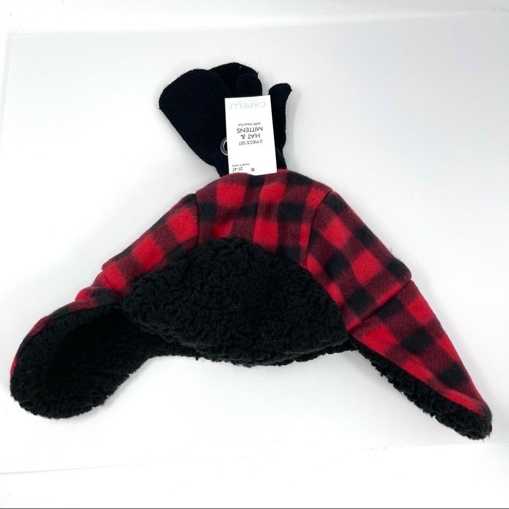 Capelli plaid Flap beanie with mittens faux fur lining 2-4T